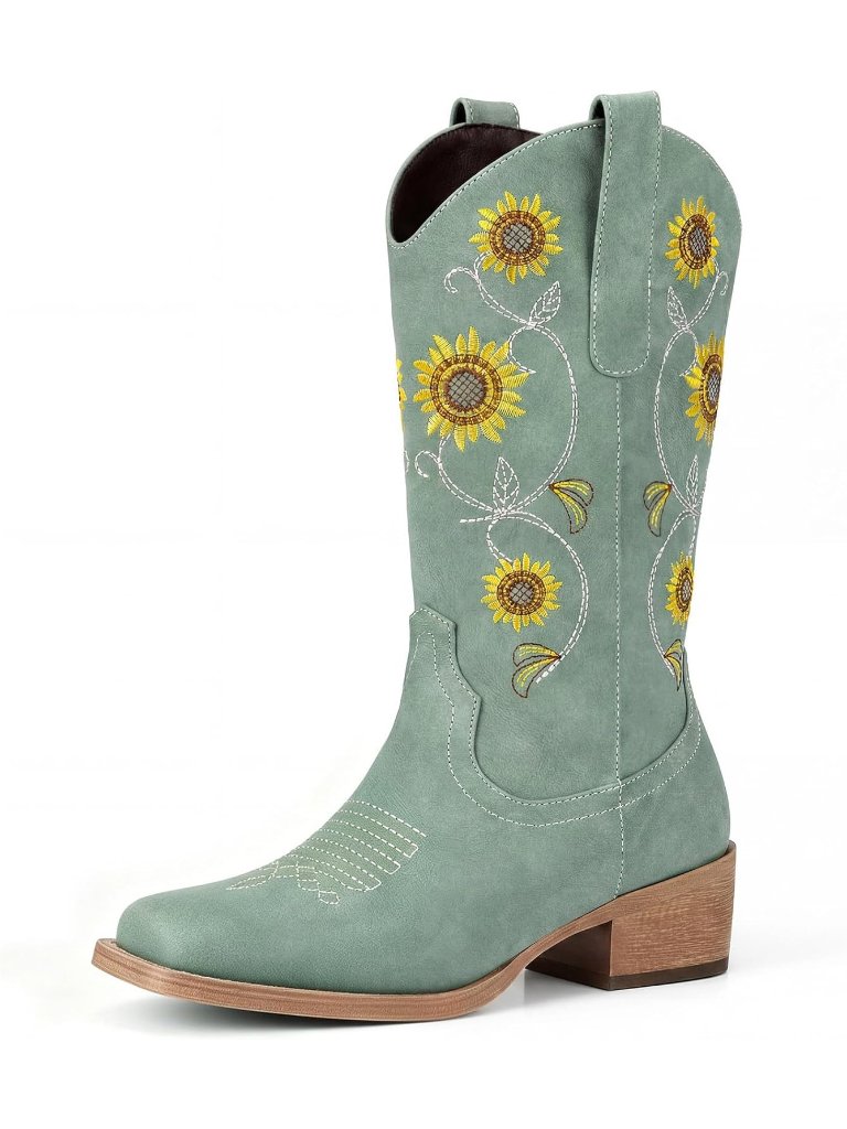 Women's Green Mid Calf Western Cowgirl Boots With Floral Embroidery Square Toe